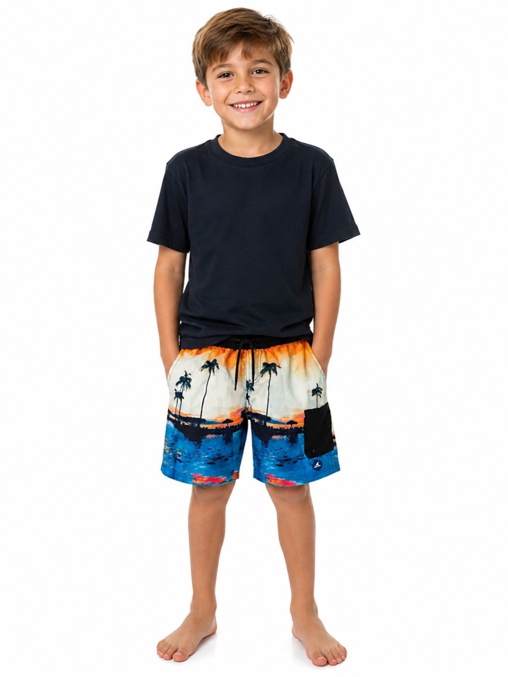 Youth Shark Patrol Swim Trunks Board Shorts black Palm tree Drawstring size MED